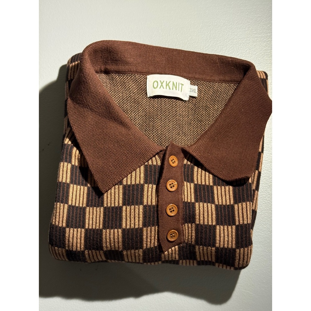 Oxknit Mens Brown Tan Checkered Short Sleeve Knit Polo Shirt 3XL Retro Style